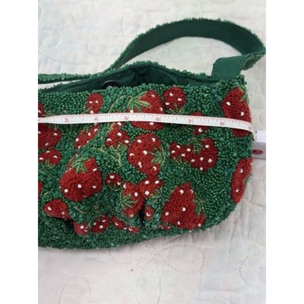 Green Red Strawberry Beaded Sequin Lined Bag Purse Snap Silver cutesy feminine - Picture 11 of 14